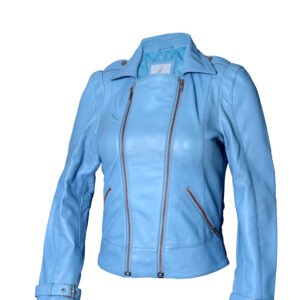 Women Racer Leather Jacket - Sky Blue